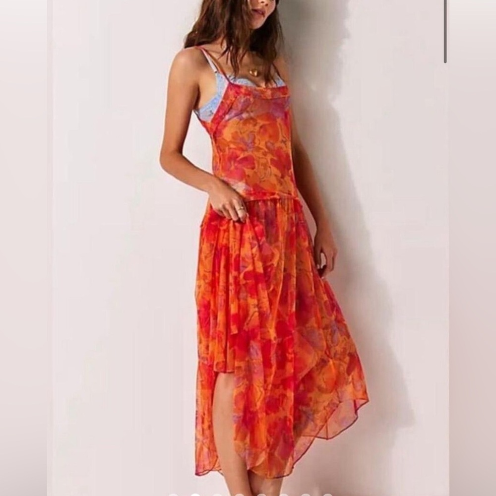 Free People Orange Red Floral Slip Dress with Pink Accents